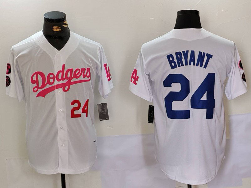 Los Angeles Dodgers #24 Kobe Bryant White Pink Vin & Kobe Patch Stitched Baseball Jersey baseball jersey product view 1