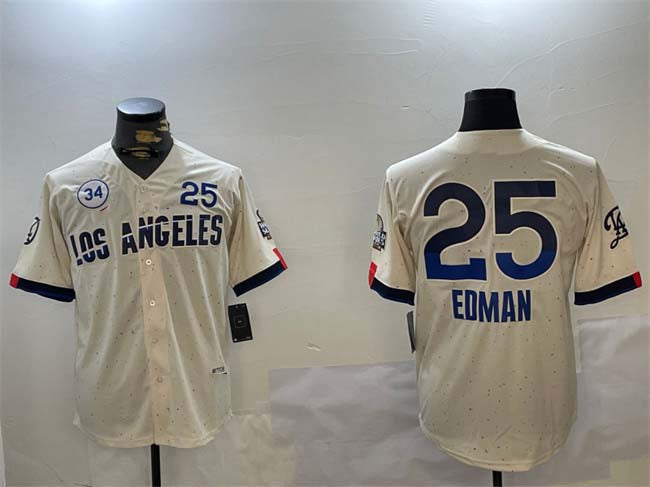 Los Angeles Dodgers #25 Tommy Edman Cream 2024 World Series With No. 34 Patch City Connect Limited Stitched Baseball Jersey baseball jersey product view 1