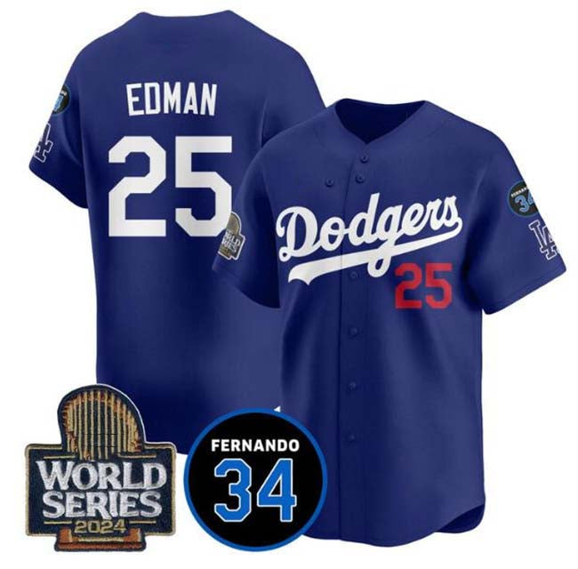 Los Angeles Dodgers #25 Tommy Edman Royal 2024 World Series With Fernando Memorial Patch Alternate Limited Stitched Baseball Jersey baseball jersey product view 1