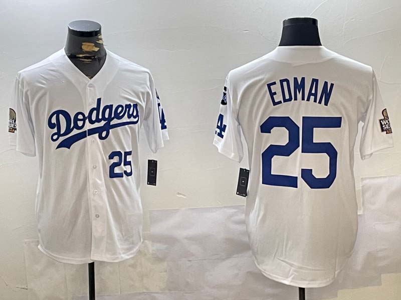Los Angeles Dodgers #25 Tommy Edman White 2024 World Series With Fernando Memorial Patch Home Limited Stitched Baseball Jersey baseball jersey product view 1