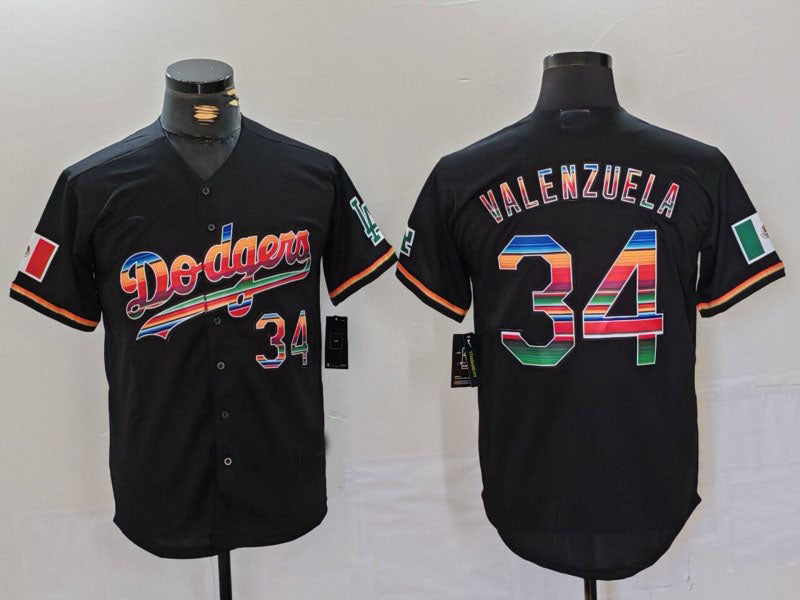 Los Angeles Dodgers #34 Fernando Valenzuela Black Rainbow Mexico Cool Base Stitched Baseball Jersey baseball jersey product view 1