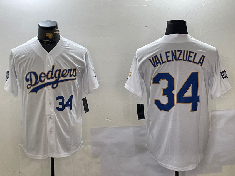 Los Angeles Dodgers #34 Fernando Valenzuela Number White Gold Championship Stitched Cool Base Baseball Jerseys baseball jersey product view 1