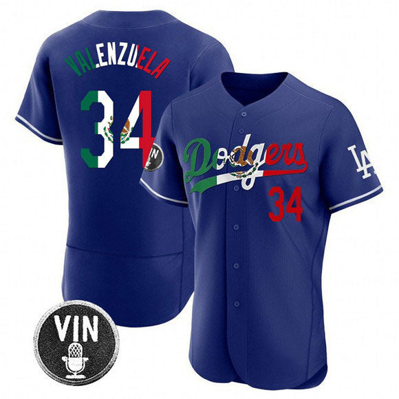 Los Angeles Dodgers #34 Fernando Valenzuela Royal Mexico Special Vin Scully Patch Flex Base Stitched Baseball Jersey baseball jersey product view 1