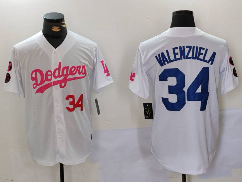 Los Angeles Dodgers #34 Fernando Valenzuela White Pink Vin & Kobe Patch Stitched Baseball Jersey baseball jersey product view 1