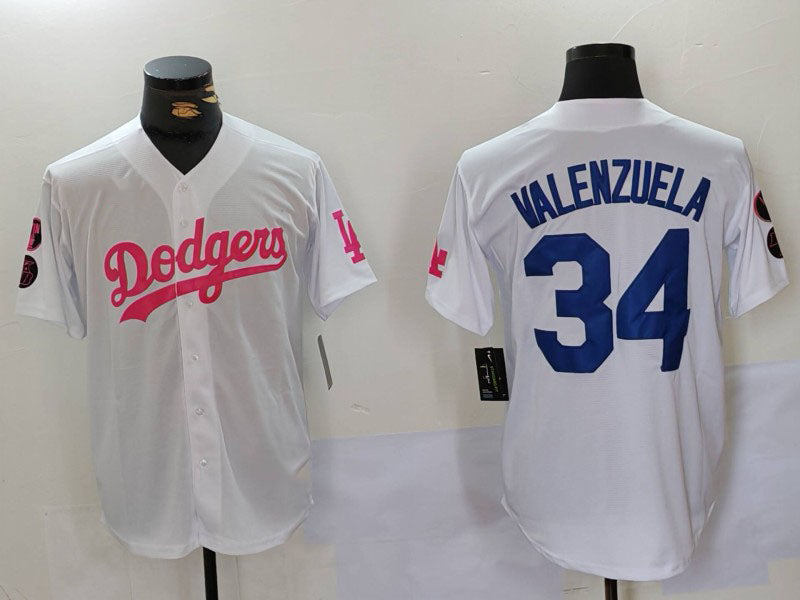 Los Angeles Dodgers #34 Fernando Valenzuela White Pink Vin & Kobe Patch Stitched Baseball Jersey baseball jersey product view 1