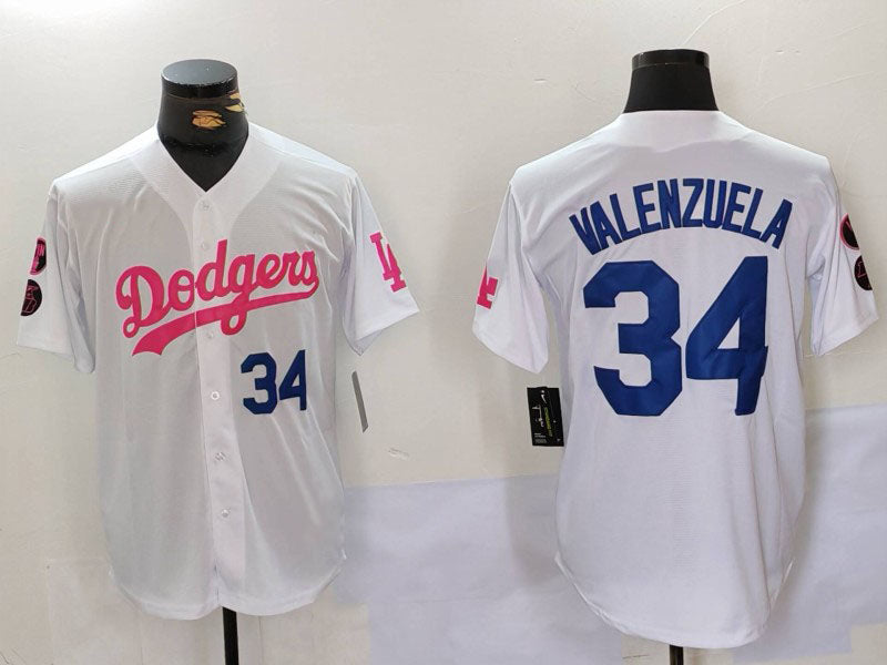 Los Angeles Dodgers #34 Fernando Valenzuela White Pink Vin & Kobe Patch Stitched Baseball Jersey baseball jersey product view 1