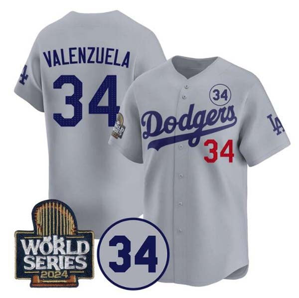 Los Angeles Dodgers #34 Toro Valenzuela Gray 2024 World Series With No. 34 Patch Limited Stitched Baseball Jersey baseball jersey product view 1