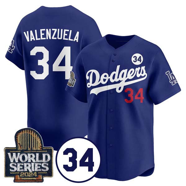 Los Angeles Dodgers #34 Toro Valenzuela Royal 2024 World Series With No. 34 Patch Cool Base Stitched Baseball Jersey baseball jersey product view 1