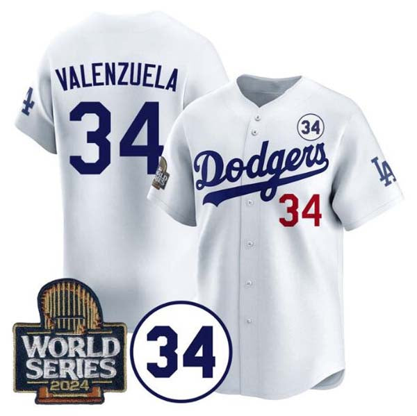 Los Angeles Dodgers #34 Toro Valenzuela White 2024 World Series With No. 34 Patch Limited Stitched Baseball Jersey baseball jersey product view 1