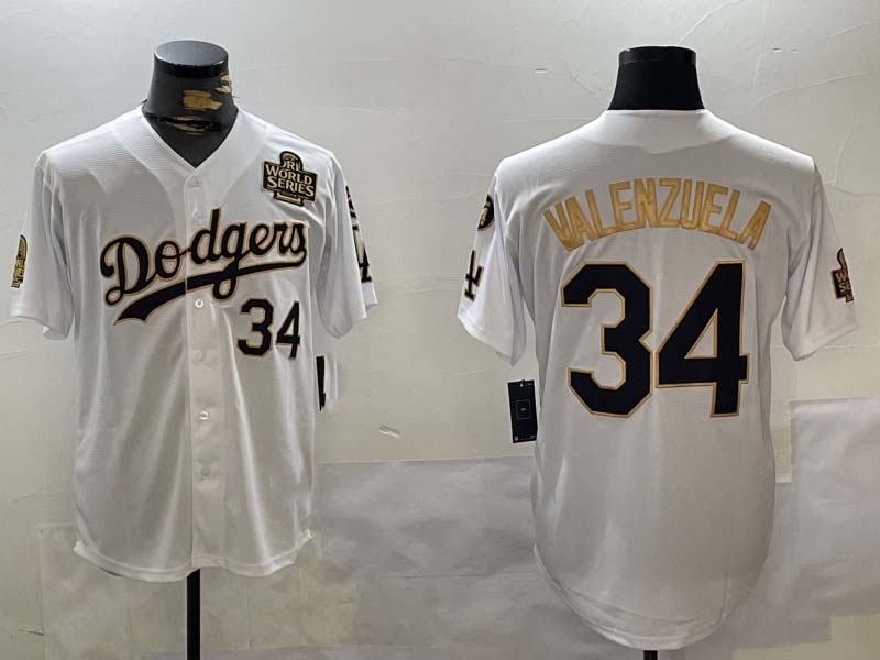 Los Angeles Dodgers #34 Toro Valenzuela White Gold 2024 World Series With Fernando Memorial Patch Limited Stitched Baseball Jersey baseball jersey product view 1