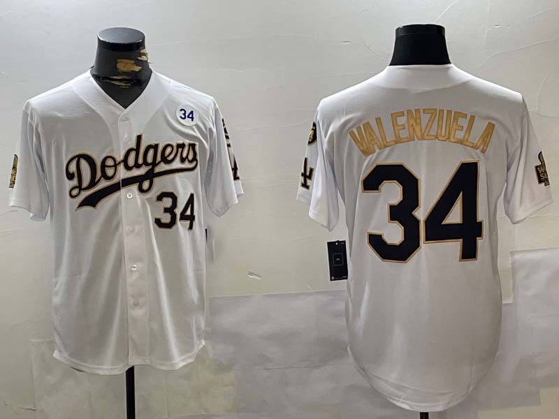 Los Angeles Dodgers #34 Toro Valenzuela White Gold 2024 World Series With Fernando Memorial Patch Limited Stitched Baseball Jersey baseball jersey product view 1