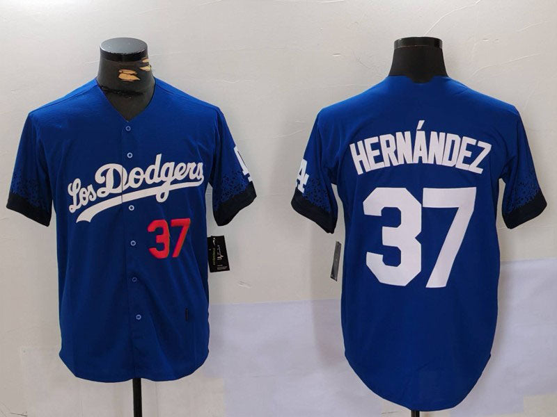 Los Angeles Dodgers #37 Teoscar Hern¨¢ndez Blue Cool Base Stitched Baseball Jersey baseball jersey product view 1