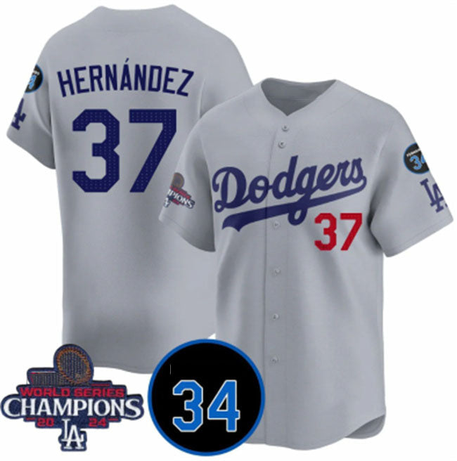 Los Angeles Dodgers #37 Teoscar Hernandez Gray 2024 World Series Champions With Fernando Memorial Patch Vapor Premier Limited Stitched Baseball Jersey baseball jersey product view 1