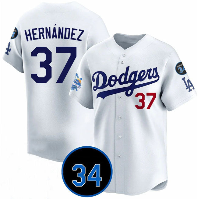 Los Angeles Dodgers #37 Teoscar Hernandez White 2024 World Champions & Fernando Memorial Patch Vapor Premier Home Limited Stitched Baseball Jersey baseball jersey product view 1