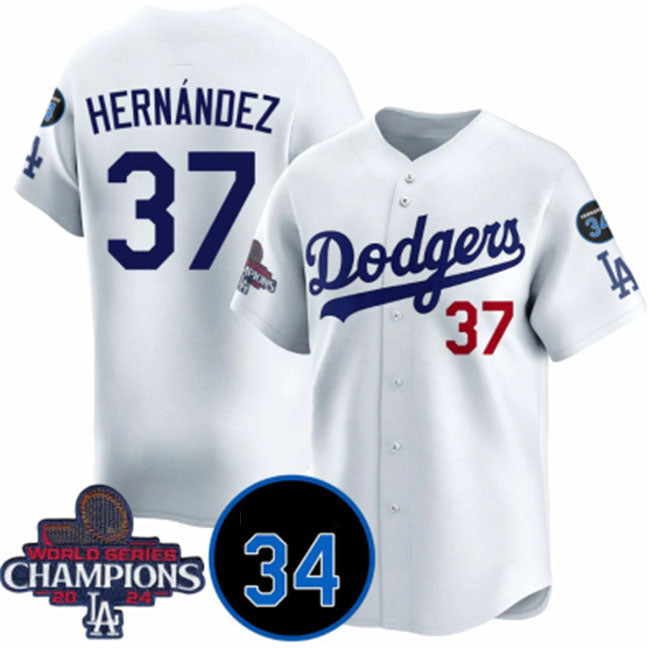 Los Angeles Dodgers #37 Teoscar Hernandez White 2024 World Series Champions With Fernando Memorial Patch Vapor Premier Home Limited Stitched Baseball Jersey baseball jersey product view 1