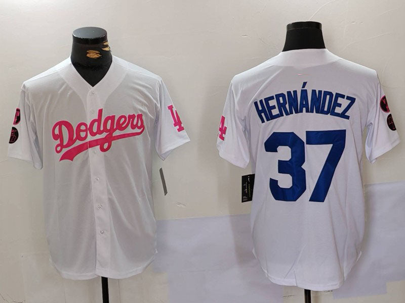 Los Angeles Dodgers #37 Teoscar Hern¨¢ndez White Pink Vin & Kobe Patch Stitched Baseball Jersey baseball jersey product view 1