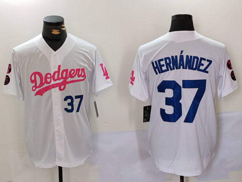 Los Angeles Dodgers #37 Teoscar Hern¨¢ndez White Pink Vin & Kobe Patch Stitched Baseball Jersey baseball jersey product view 1