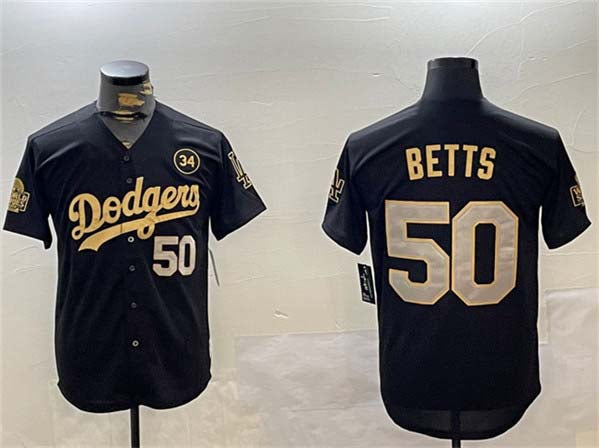 Los Angeles Dodgers #50 Mookie Betts Black Gold 2024 World Series With No. 34 Patch Limited Stitched Baseball Jersey baseball jersey product view 1
