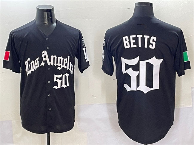 Los Angeles Dodgers #50 Mookie Betts Black Mexico 2025 LA Gothic Style With Fernando Patch Vapor Premier Limited Stitched Baseball Jersey baseball jersey product view 1