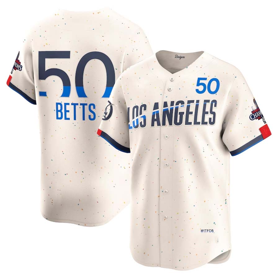 Los Angeles Dodgers #50 Mookie Betts Cream 2024 World Series Champions City Connect Limited Player Stitched Baseball Jersey baseball jersey product view 1