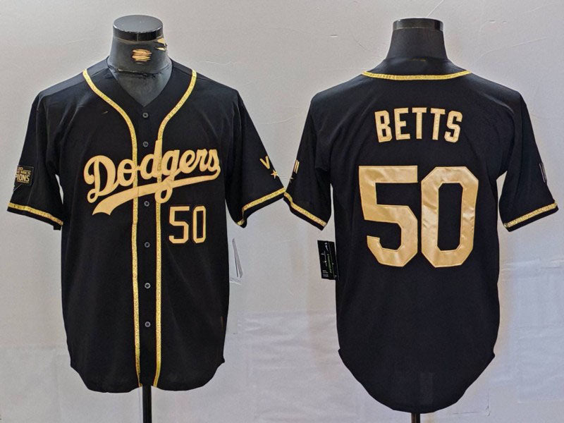 Los Angeles Dodgers #50 Mookie Betts Number Black Gold World Series Champions Cool Base Stitched Baseball Jerseys baseball jersey product view 1