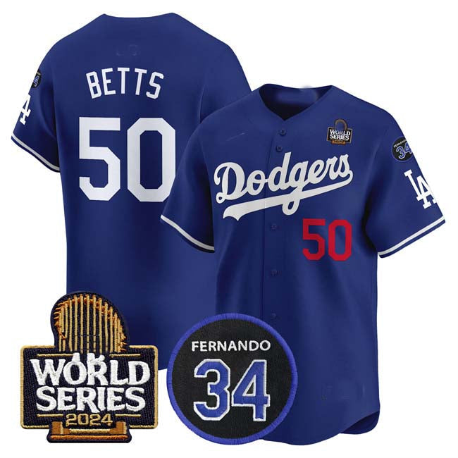 Los Angeles Dodgers #50 Mookie Betts Royal 2024 World Series With Fernando Memorial Patch Limited Stitched Baseball Jersey baseball jersey product view 1