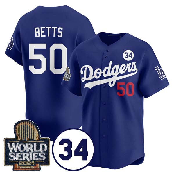 Los Angeles Dodgers #50 Mookie Betts Royal 2024 World Series With No. 34 Patch Cool Base Stitched Baseball Jersey baseball jersey product view 1