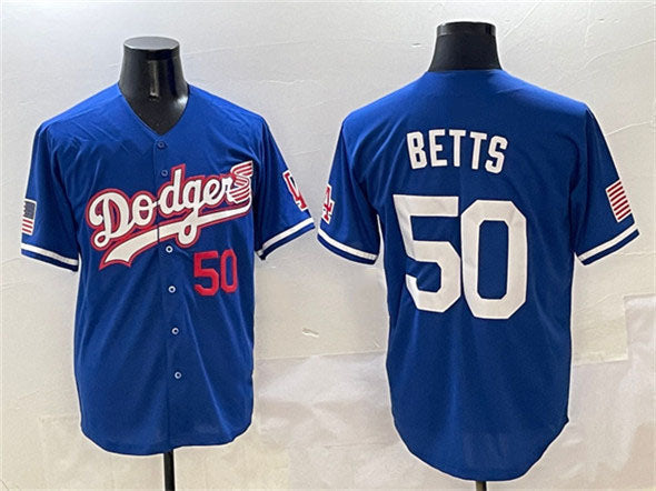 Los Angeles Dodgers #50 Mookie Betts Royal With American Flag Patch Limited Stitched Baseball Jersey baseball jersey product view 1