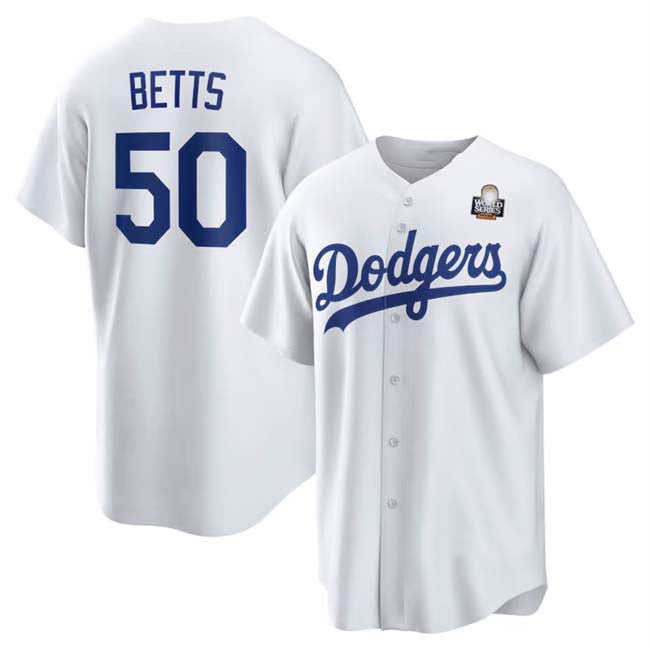Los Angeles Dodgers #50 Mookie Betts White 2024 World Series Cool Base Stitched Baseball Jersey baseball jersey product view 1