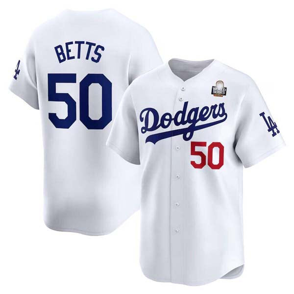 Los Angeles Dodgers #50 Mookie Betts White 2024 World Series Home Limited Cool Base Stitched Baseball Jersey baseball jersey product view 1