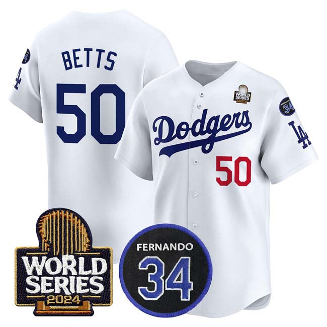 Los Angeles Dodgers #50 Mookie Betts White 2024 World Series With Fernando Memorial Patch Limited Stitched Baseball Jersey baseball jersey product view 1