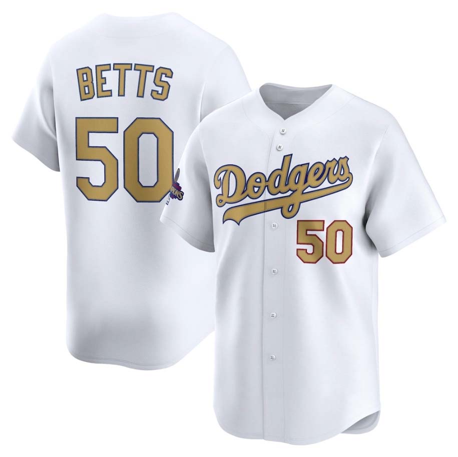 Los Angeles Dodgers #50 Mookie Betts White 2025 Gold Collection Limited Stitched Baseball Jersey baseball jersey product view 1
