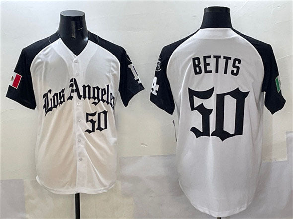 Los Angeles Dodgers #50 Mookie Betts White Black Mexico 2025 LA Gothic Style With Fernando Patch Vapor Premier Limited Stitched Baseball Jersey baseball jersey product view 1