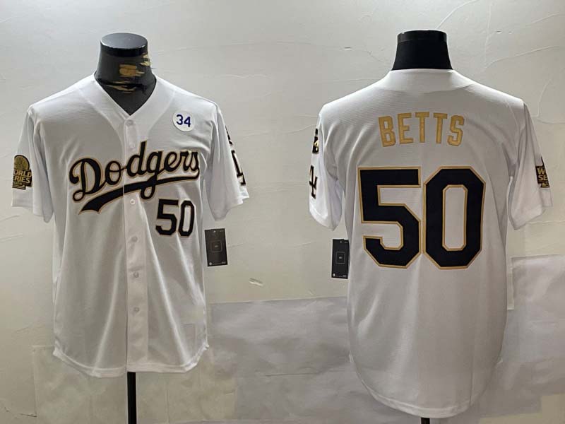 Los Angeles Dodgers #50 Mookie Betts White Gold 2024 World Series With Fernando Memorial Patch Limited Stitched Baseball Jersey baseball jersey product view 1
