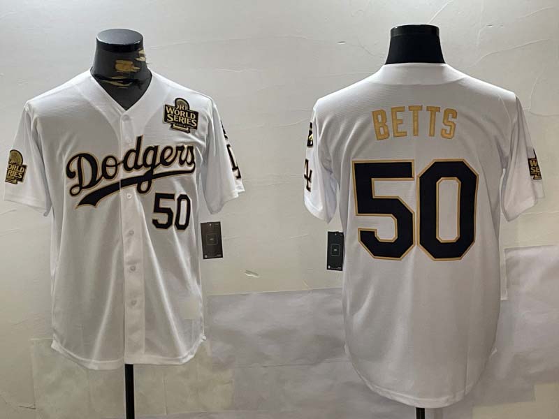 Los Angeles Dodgers #50 Mookie Betts White Gold 2024 World Series With Fernando Memorial Patch Limited Stitched Baseball Jerseys baseball jersey product view 1