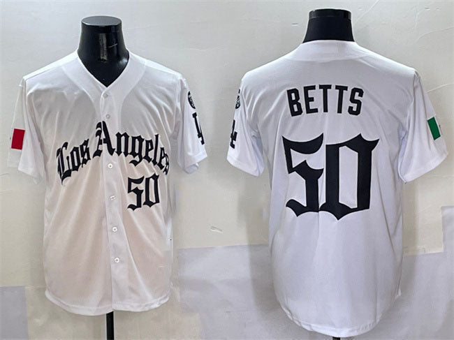 Los Angeles Dodgers #50 Mookie Betts White Mexico 2025 LA Gothic Style With Fernando Patch Vapor Premier Limited Stitched Baseball Jersey baseball jersey product view 1
