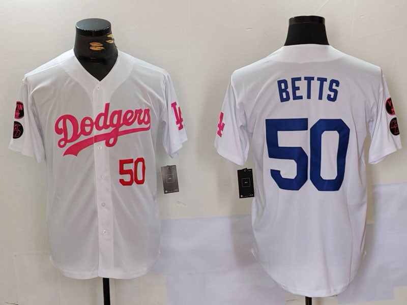 Los Angeles Dodgers #50 Mookie Betts White Pink Vin & Kobe Patch Stitched Baseball Jersey baseball jersey product view 1