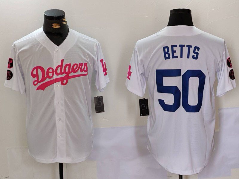 Los Angeles Dodgers #50 Mookie Betts White Pink Vin & Kobe Patch Stitched Baseball Jersey baseball jersey product view 1