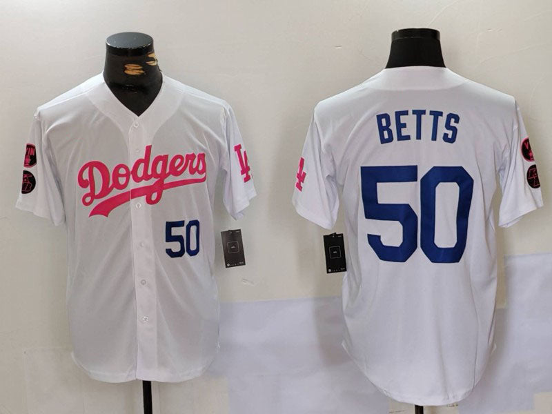 Los Angeles Dodgers #50 Mookie Betts White Pink Vin & Kobe Patch Stitched Baseball Jerseys baseball jersey product view 1