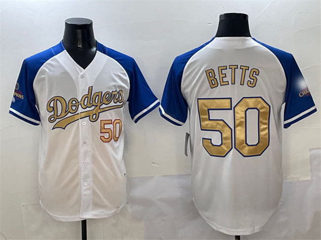 Los Angeles Dodgers #50 Mookie Betts White Royal Gold 2024 World Series Champions Vapor Limited Stitched Baseball Jersey baseball jersey product view 1