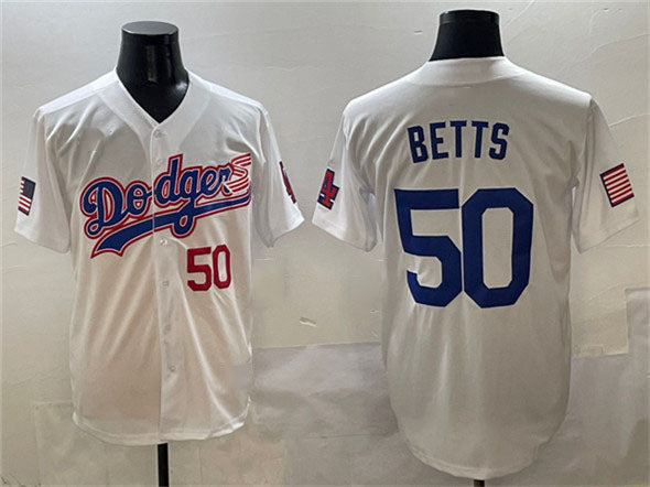 Los Angeles Dodgers #50 Mookie Betts White With American Flag Patch Limited Stitched Baseball Jersey baseball jersey product view 1