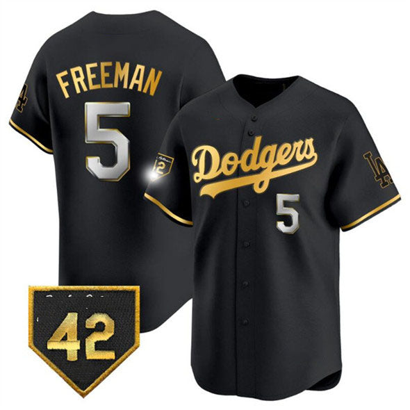 Los Angeles Dodgers #5 Freddie Freeman Black Gold With Jackie Robinson Patch Limited Stitched Baseball Jersey baseball jersey product view 1