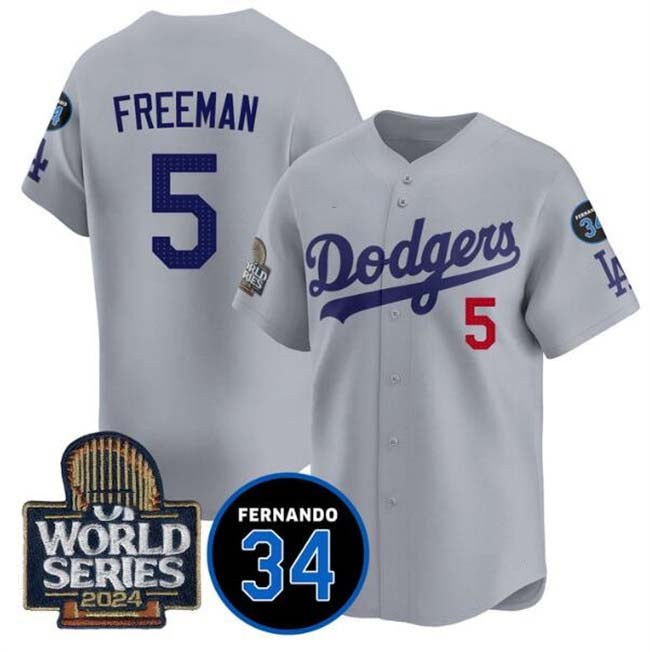 Los Angeles Dodgers #5 Freddie Freeman Grey 2024 World Series With Fernando Memorial Patch Limited Stitched Baseball Jersey baseball jersey product view 1