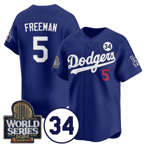 Los Angeles Dodgers #5 Freddie Freeman Royal 2024 World Series With No. 34 Patch Cool Base Stitched Baseball Jersey baseball jersey product view 1
