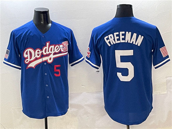 Los Angeles Dodgers #5 Freddie Freeman Royal With American Flag Patch Limited Stitched Baseball Jersey baseball jersey product view 1
