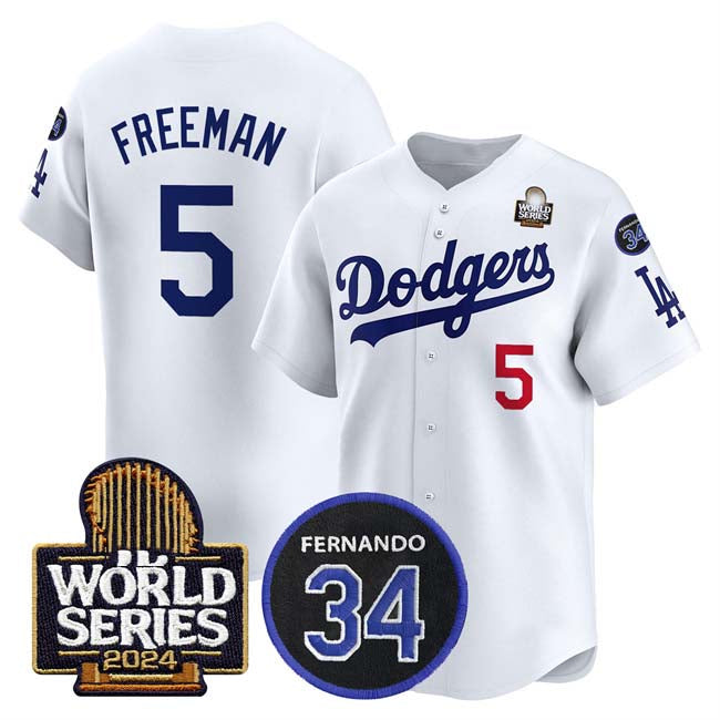 Los Angeles Dodgers #5 Freddie Freeman White 2024 World Series With Fernando Memorial Patch Limited Stitched Baseball Jersey baseball jersey product view 1