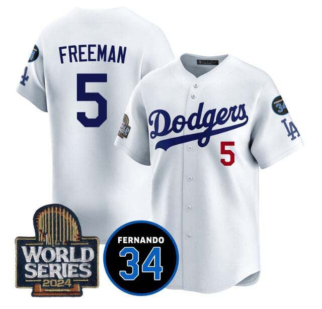 Los Angeles Dodgers #5 Freddie Freeman White 2024 World Series With Fernando Memorial Patch Limited Stitched Baseball Jersey baseball jersey product view 1