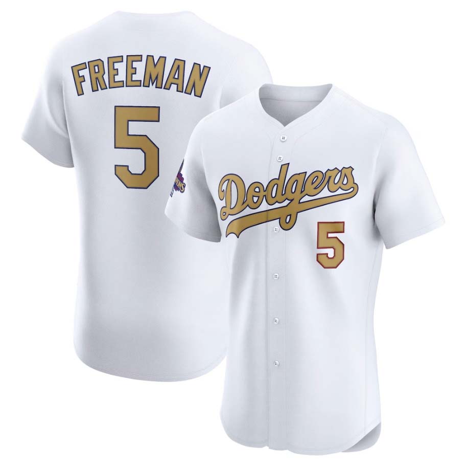 Los Angeles Dodgers #5 Freddie Freeman White 2025 Gold Collection Elite Stitched Baseball Jersey baseball jersey product view 1