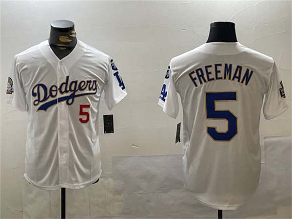 Los Angeles Dodgers #5 Freddie Freeman White Gold 2024 World Series With Fernando Memorial Patch Home Limited Stitched Baseball Jersey baseball jersey product view 1