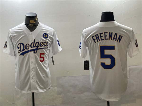 Los Angeles Dodgers #5 Freddie Freeman White Gold 2024 World Series With No. 34 Patch Home Limited Stitched Baseball Jersey baseball jersey product view 1
